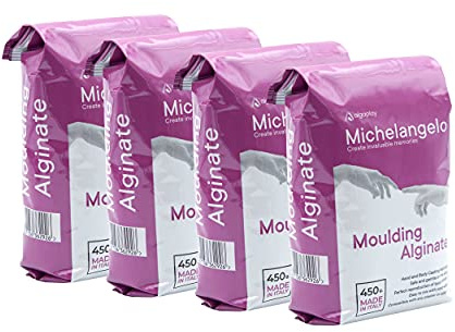 Michelangelo Moulding Alginate 1800g. (4 buste da 450 g.) Alginato cromatico per impronte di alta precisione, perfetto per realizzare calchi delle mani o del corpo. Prodotto in Italia.