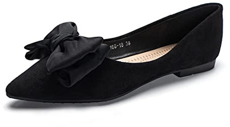 MACHSWON Womens Ballet Flats Pointed Toe Bow Faux Suede Ladies Black Slip On Ballet Pumps Dolly Shoes(Black-2, Size 6)