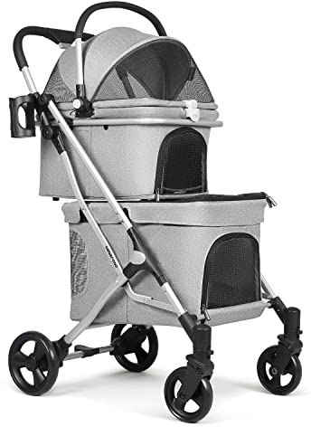 Beberoad Poussette pliable à 2 étages pour petits chiens et chats - Poussette pour plusieurs animaux de compagnie - Pour chiens et chats - Gris