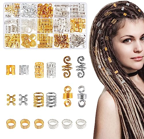150 Stück Dreadlocks Schmuck Braids Schmuck, Haarschmuck Gold und Silber, Verstellbar Metall Cuffs Haar Flecht Perlen Wikinger, Haarringe für Zöpfe Haarspiralen für Dekoration und Haarverlängerungen