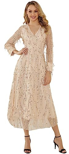 Jamron Damen Umkehrbar Elegant V-Ausschnitt Pailletten Quaste Tüllkleid Lange Abendkleid Hochzeitskleid SN0703118 Beige M