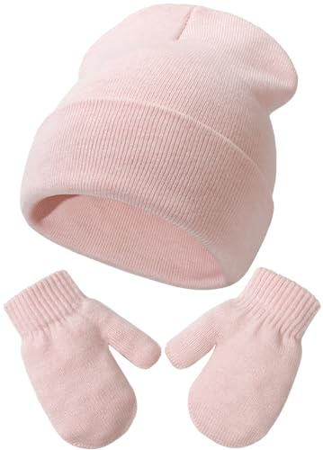Malaxlx Pink Baby Beanie Hat Mittens Set Infant Toddler Winter Warm Knit Hat Mittens Set for 3-18 Months Girls Boys