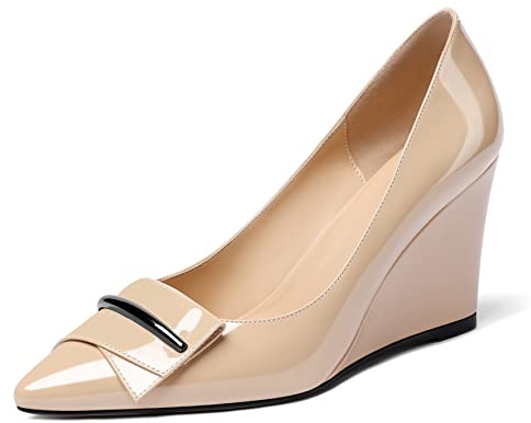 Elashe Compensé Femme Talons Hauts Escarpins à Talons Talon Bout Pointu Chaussure Mode Talons Chaussures de Soirée Mariage Fête 8.5CM Beige EU38