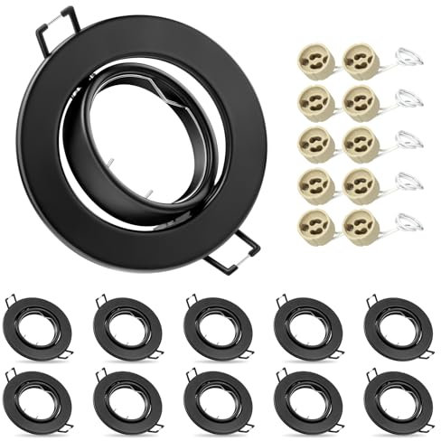 10x Modern GU10 Downlights for Ceiling, Round Matt Black Metal Frame for Recessed Ceiling Lights, Tilt Swivel Spotlight with Lamp Holders, Outer Diameter: 90mm, Cutout Ø65-80mm (Bulbs not Included)