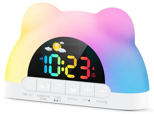 Kids Alarm Clock,Toddler Sleep Training Digital Alarm Clock with Sun & Moon,11 RGB Color Night Lights, OK to Wake Clock for Girls Boys Teens,Sleeping Reminder,Child lock,Dual Alarms,Type-C powered