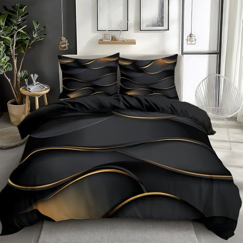CozyRest Sängkläder 135 x 200 cm påslakan och 80 x 80 örngott, vändbara sängkläder set mönster geometriskt svart och guld mjuk mikrofiber för flickor barn
