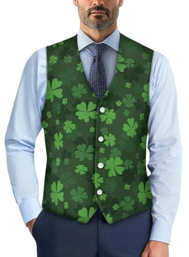 Biyejit Chaleco de camuflaje para hombre, chaleco formal con botón, cuello en V, para negocios, fiesta de esmoquin S-4XL, Hojas del día de San Patricio, XXL