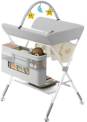 Yosamy Foldable Baby Changing Table, Height Adjustable Mobile Unit with Lockable Wheels, Anti-Tip Portable Changing Station with Storage for Newborn 0-12 Months (Grey)