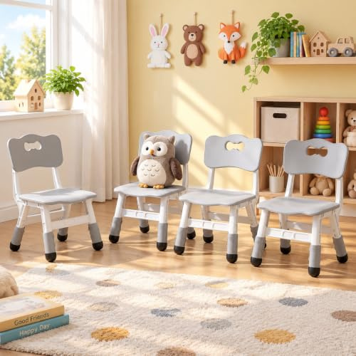 MAMIZO 4 PCS Height Adjustable Kids Desk Chairs with Backrest, Grey | Children's Chairs, Ergonomic Design, Ideal for Home, Nursery, Playroom or School, Max Load 100KG, Ages 2+