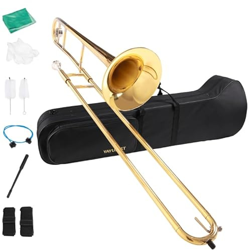 YAYUZEST Bb Tenor Slide Trombone for Students Beginners, B Flat Brass Plated Trombone Instrument with Hard Case Mouthpiece White Gloves and Cleaning Kit (Gold)