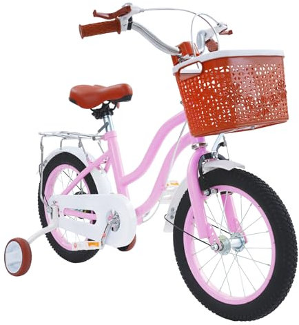 Cutycaty 14 tums barncykel för flickor från 3–7 år, 14 tum flickcykel med stödhjul och korg, cykel för barn, cykel, justerbara barncyklar för utbildning, utomhus, ridning (rosa)