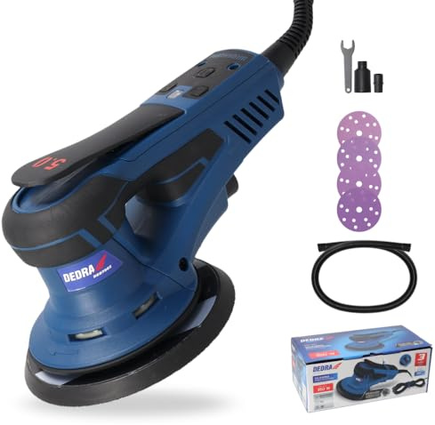 DEDRA Exzenterschleifer Exzenterschleifer 350W, Ø150mm – Bürstenlos, regelbare Drehzahl 4000–10000 U/min, Staubabsaugung, ergonomisches Design mit Softgrip, inkl. Zubehör-Set