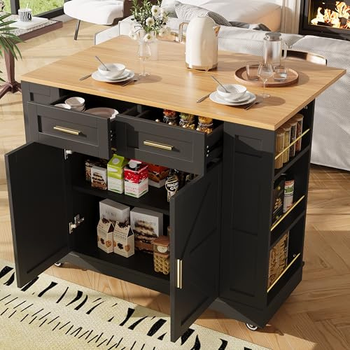 KUAKE Moderna isola da cucina, armadio da cucina, armadio a buffet, tavolo da pranzo multifunzionale con spazio di archiviazione, carrello da pranzo con armadi funzionali elasticizzati (nero-A)