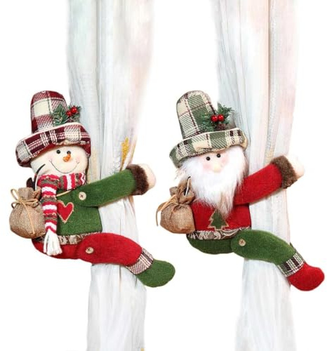 Juego de 2 alzapaños de cortina de Navidad, diseño de Papá Noel y muñeco de nieve, soportes de dibujos animados de felpa para decoración de ventanas y ambiente festivo del hogar