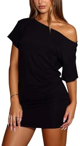 Gkaopi Vestido Mujer Manga Cortas Sexy Mini Vestidos con Hombro Descubierto Ajustado Elegante Fruncido Vestido de Fiesta Corto Verano Casual Bodycon Wrap Clubwear para Going out Cóctel Noche