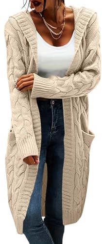 Generisch Cardigan Femme Cardigan à capuche ouvert sur le devant pour femme - Pull en tricot torsadé de couleur unie - Manteaux longs Beige S