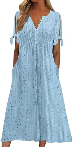 Yinguo Sparkly Dress, Summer Dresses for Women UK 2026 Causal V-Neck Button Short Sleeve Vacation Floral Dress with Pockets Ladies Maxi Printing Dress Party Club Elegant Beach Dresses Blue XL