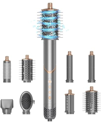 Multifonction 8 en 1, Sèche-Cheveux Brosse Soufflante et Boucleur d'Air Rotatif, 1400W, Ions Négatifs, Poignée Pliable, 8 Accessoires