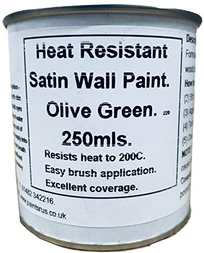 1 x 250ml Satin Olive/Dark Green Heat Resistant Wall Paint. Wood Burner Stove Alcove. Brick, Concrete, Plaster, Cement Board, Rendering, Metal, Timber etc.