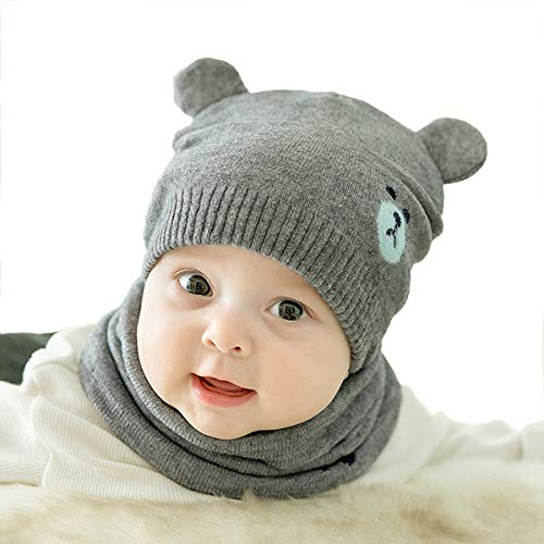 ADESUGATA Baby Kinder Winter Warm Gestrickter Mütze Schal Sets,Kleinkind Kinder Warme Beanie Mütze Weiche Baumwollkaps Schals Hüte für Baby Mädchen Jungen Säuglings Kinder 0-36 Monate (Grau)