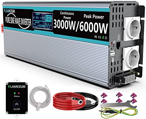 FLAMEZUM 3000W Reiner Sinus Spannungswandler 12V auf 230V Wechselrichter Power Inverter mit Fernbedienung LED-Anzeige & 2 EU AC Steckdosen & 2 USB Port für Auto, Wohnwagen, Boot, Camping
