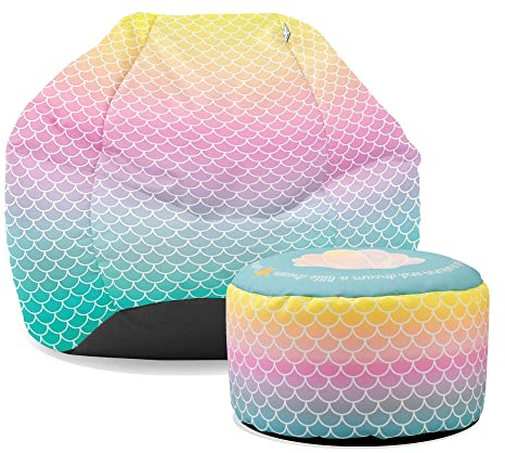 rucomfy Beanbags Mermaid Ombre Kids Classic Bean Bag, Comfortable Home and Bed Room Chair, Pre-Filled, Durable & Machine Washable - 65 x 85cm (with Matching Footstool)