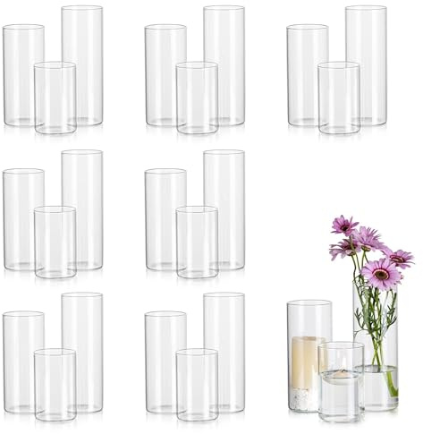 Glasseam Deko Vase Glasvase, Schöne Blumenvasen Set 24 Stück, 10/15/20cm Hoch Zylindervasen Glas Vase Tulpen Vase Durchsichtig für Wohnzimmer Deko Modern Kerzenhalter Blumen Vasen Wedding Decoration