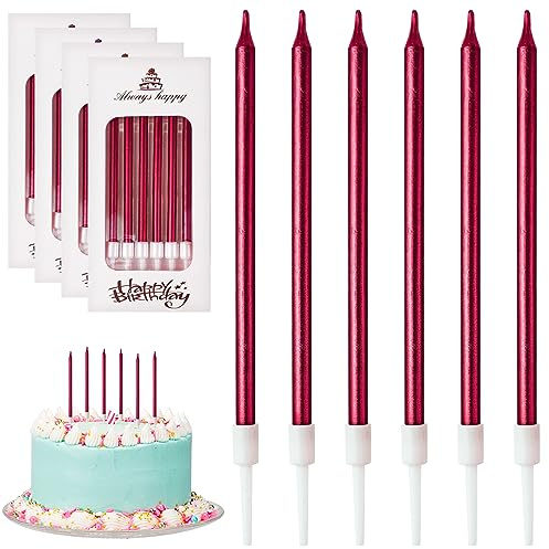DONQL Velas de Cumpleaños para Tartas, 24 Piezas Velas de Cumpleaños Largas y Delgadas en Soportes para Velas de Pastel para Niños y Adultos,Tartas de Cumpleaños Decoración, Bodas, Fiesta