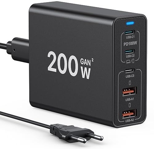 USB C Ladegerät, 200W 5-Port Ladestation Hub Schnelles Kompaktes GaN Stromadapter,Kompatibel mit MacBook Pro/Air,Google Pixelbook,ThinkPad,iPhone 14/13/12 Serie,Samsung Galaxy S23/S22/S21.