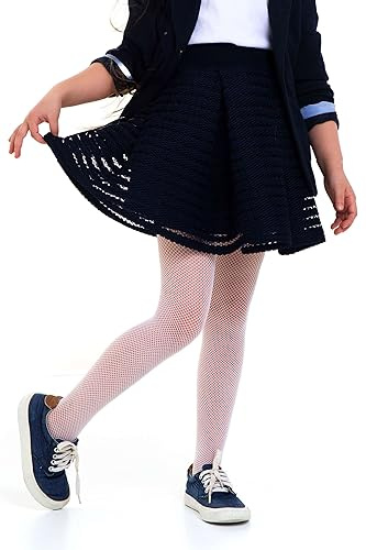 Looksy Collant a Rete da Ragazza Resistente - Comodo Motivo Con Piccoli Diamanti, Calze Alla Moda per Festa Scolastica di Danza Lena, Bianco 7-8 Anni (122-128 cm)