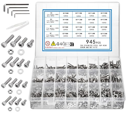 KOXXIAMOQ 945 Piezas de Tornillos Cilíndricos con Cabeza Hexagonal Interna, M2 M3 M4 M5 Conjunto de Tornillos, Acero Inoxidable, Tornillos de Máquina, Tornillos Roscados con Tuercas y Arandelas(945)