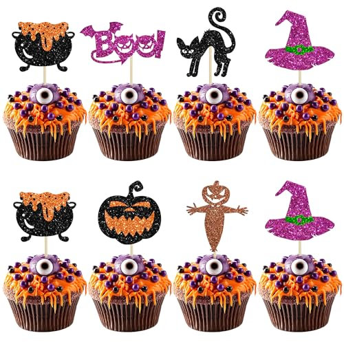 24Pcs Halloween Cupcake Toppers Glitter Witch Cat Pumpkin Spider Web Cupcake Picks Boo Ghost Cake Decorations for Happy Halloween Theme Baby Shower Birthday Party Supplies