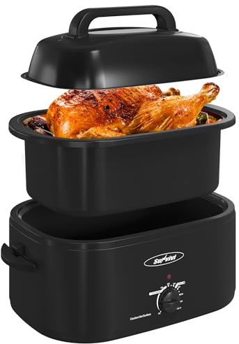 Sunvivi 26 Quart Electric Roaster Oven Turkey Roaster with Lid Electric Roasters with Removable Pan Large Roaster,Visible & Self-basting Lid, Fast Heating & Thaw/warming Setting,Black