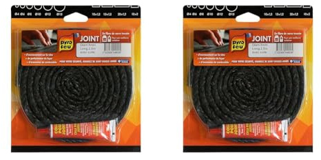 PYRO FEU Junta refractaria 8mm x 2,5m + Tubo Pegamento, Fibra de vídrio, Negra, estandar (Paquete de 2)