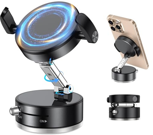 BENTOBEN Support Téléphone Voiture avec MagSafe, Ventouse sous Vide, Support Magnétique & Bras de Serrage 2 en 1, Pliable & Rotatif à 360°-Aimants Puissante pour iPhone 17 / Smartphone