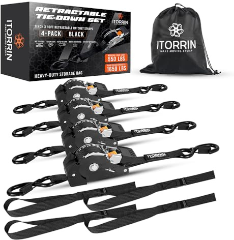ITORRIN Retractable Ratchet Straps(4 PK)- 1 Inch x 10 Feet (1,650lb Break Strength)-Self Retracting Tie Down Straps for Motorcycle, ATV, Truck, Cargo, Appliance & More -Black + 4 PK Soft Loops