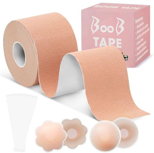 Forhome Lot de 2 Boob Tape, Adesivo Seno Reggiseno Invisibile, Kit di Nastro per Tape Seno, Impermeabile e Traspirante per Sollevamento del Seno e Supporto toracico,Beige Chiaro, Taglia Unica