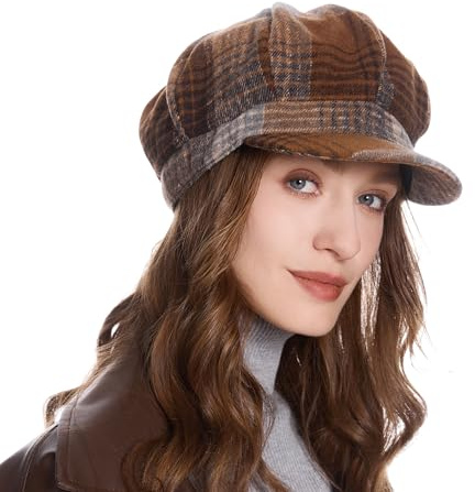 ZYLC Warm Peaked Cap Beret Hat Winter Balloon Hat Classic Design, Coffee and Khaki Check Pattern, One Size