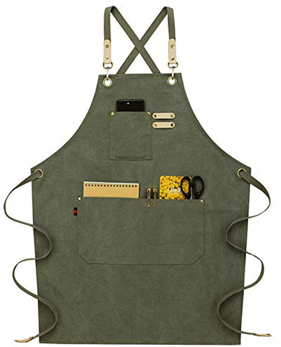 arbetsförkläde, Förkläden for män, Heavy Duty Förkläde Träbearbetning Vaxad Canvas Arbetsförkläde med fickor Verktyg, Justerbara Säkerhetsförkläden(Grün)