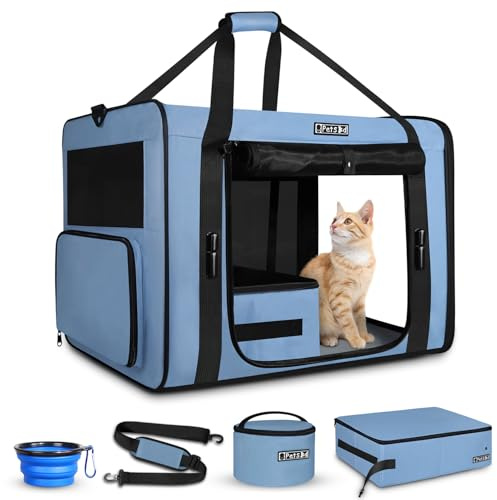 Petskd 26x17x17 Extra Large Cat Carrier with Litter Box for Large Cat or 2 Small Cats under 55LBS, Collapsible Soft Sided Pet Carrier for Car Travel with Seat Belt Buckles and Locking Zippers(Blue)