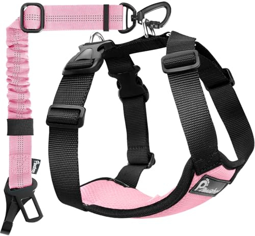 Pawaboo Cintura di Sicurezza per Cani da Auto,Imbracatura Cani Auto con Doppia Clip,Giubbotto Traspirante Regolabile&Cinghia Sicurezza con Elastico per Animali Piccola,Media,Grande, M, Rosa + Nero