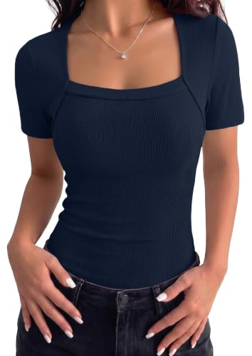 Aottori Maglietta Donna T Shirt Scollo Quadrato Manica Corta a Coste Slim | Viscosa morbida ed elasticizzata, scollo quadrato, maniche corte e coste, slim fit per ufficio e tempo libero