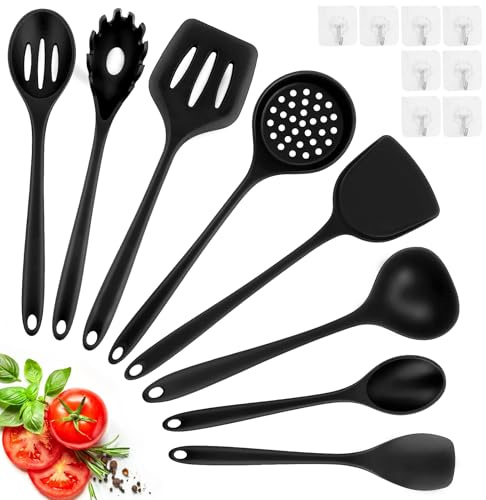 Set di 8 posate da cucina in silicone, utensili da cucina, antiaderenti, resistenti al calore, con spatola in silicone, cucchiaio/paletta, mestolo