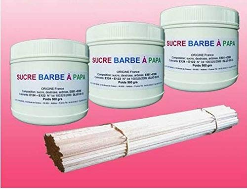 Lot de 3 pots de Sucre barbe à papa Fraise 500g + 100 Bâtons