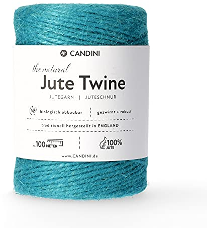 Candini Jutegarn - türkis, 100m Bastelschnur - ø 2-3mm reine Jute - Schnur Kordel | Premium Qualität - Made in England - Paketschnur, Dekoration, Garten, Verpackung