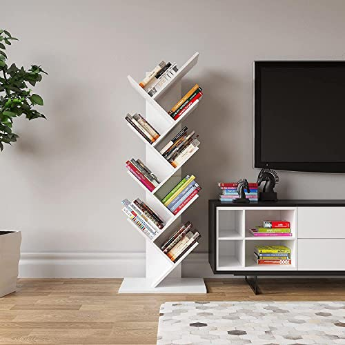 YITAHOME Bücherregal mit 9 Ebenen, CD DVD Regal Holz Industrielle Bodenstehend Baum-Bücherregal, Kleines Holzregale Standregal Eckregal Organizer für Bücher Wohnzimmer Zeitschriften Büro