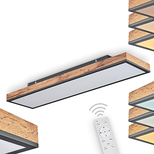 LED Deckenleuchte Salmi, aus Metall/MDF in Schwarz/Braun/Holzoptik, 1-flammig, 24 Watt, 150-1500 Lumen, Lichtfarbe 2700-6000 Kelvin, dimmbar über beiliegende Fernbedienung