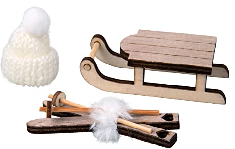 Rayher Holz-Schlitten, Holz-Ski, Strickmütze, Set 3 Teile, Weihnachtsdekoration, Christbaum-Schmuck, 46664999, Bunt