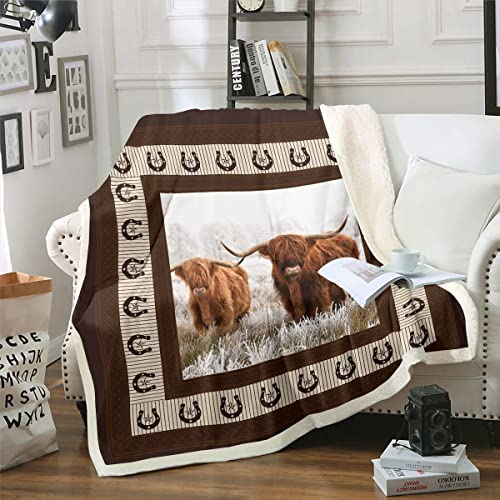 Homewish Highland Cow Decke 229x229 Longhorn Bullenrinder Decke Werfen für Kinder Bauernhoftiere Cowboy Fleece Decke Hufeisendekor Fuzzy Decke Bauernhaus Westerntier Zimmerdekor Braun