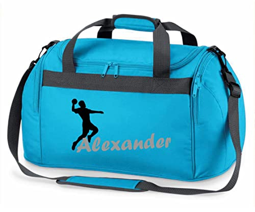Sporttasche mit Namen Bedruckt für Kinder | Personalisierbar mit Motiv Handball | Reisetasche Duffle Bag für Mädchen und Jungen | Handballspieler Sport (türkis)